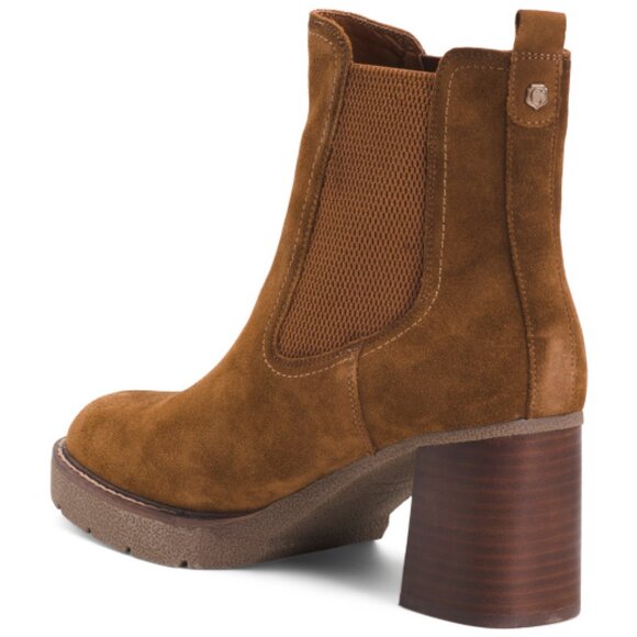 NEW CARMELA Suede Heeled Ankle Chelsea Booties camel for women 269tmn - Picture 1 of 7
